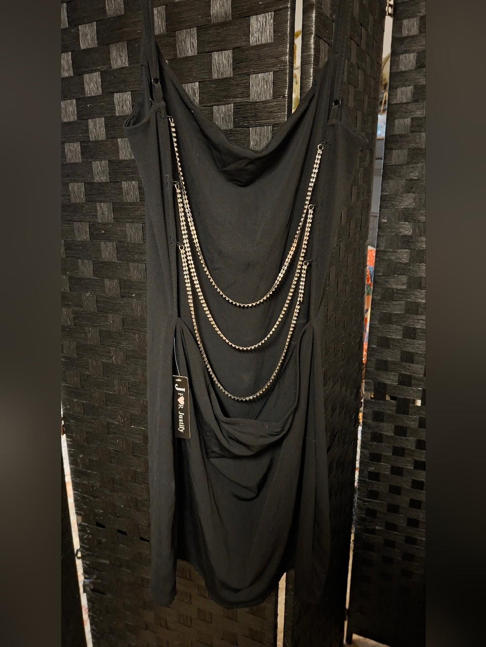 Black Draped Chain Detail Dress